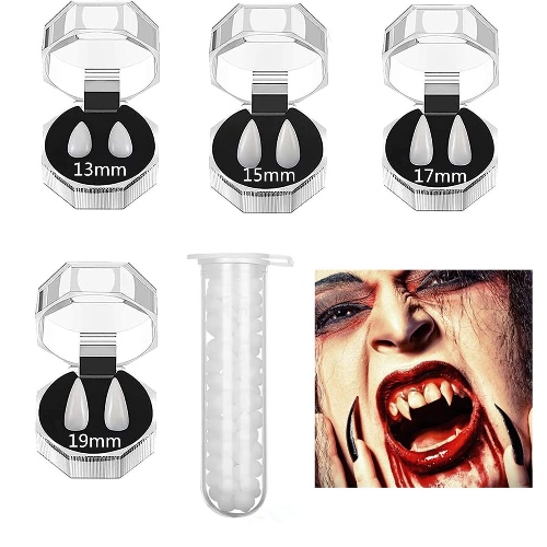 4 paar Halloween vampierhoektanden met lijm, herbruikbare vampiertanden voor Halloween, feest, cosplay, gunsten, verkleedaccessoires, rekwisiet, decoratiegeschenk (13/15/17/19 mm)