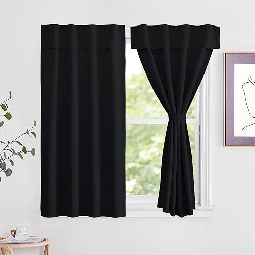 NICETOWN Black Blackout Curtains Noise Reducing, Self Adhesive Thermal Insulated and Privacy Temporary Window Cover for Guest Room Door Small Short Window (1 Panel, W42 x L63 -Inch) - 42"W x 63"L (Pack of 1) - Black