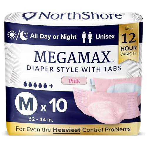 NorthShore MegaMax Adult Overnight Diapers, 12-Hour Tab-Style, Medium, 10 Count Bag, Pink, 32-44 inches, Unisex Incontinence Underwear - Pink - Medium (10 Count)