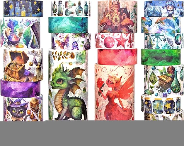 Biuunsf Washi Tape Set de 23 rollos, mágicos y de hadas, cinta de scrapbook para juego de diario de balas, cinta de colores para accesorios de scrapbooking, diario basura, manualidades