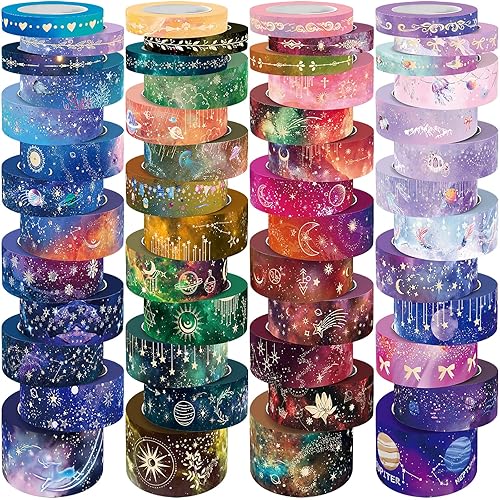Biuunsf Juego de 52 rollos de cinta washi de lámina dorada Galaxy Washi Tape para suministros de diario, 4 tamaños para scrapbooking, juego de diario, manualidades, embalaje de regalo, pintura