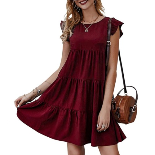 Womens Flowy Dress with Cap Sleeves - Wine / L