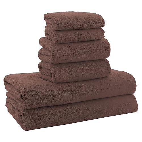 MOONQUEEN Ultra Soft Microfiber Coral Velvet Towel Set - Quick Drying, 2 Bath Towels, 2 Hand Towels, 2 Washcloths - Wood Brown, 6 Pcs - Wood Brown