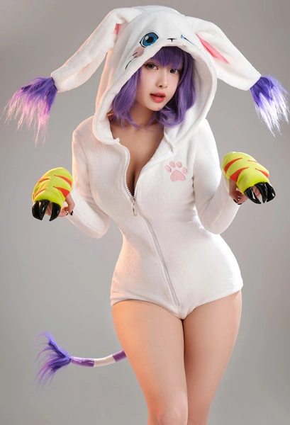 Tailmon Derivative Halloween Sexy Fluffy Hooded Bodysuit Deep V Kawaii One Piece Lingerie Rompers with Gloves and Socks