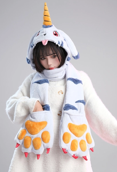 Gabumon Derivative Kawaii Hat Cartoon Plush Animal Winter Ski Hat with Attached Scarf
