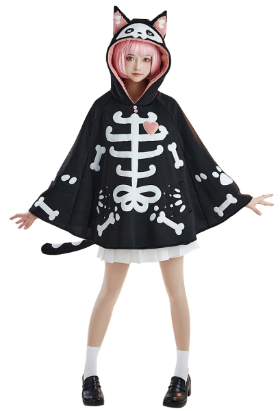 Kawaii Skeleton Cat Cloak Cartoon Cat Ears Hooded Cape with Tail