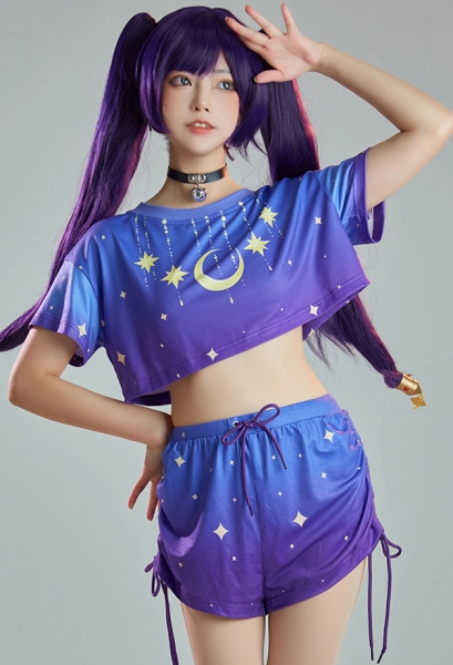 Women Kawaii Sleepwear Gradient Purple Star and Moon Pattern 2-Pieces Loungewear Set Short-Sleeve Crop Top and Drawstring Shorts with Choker