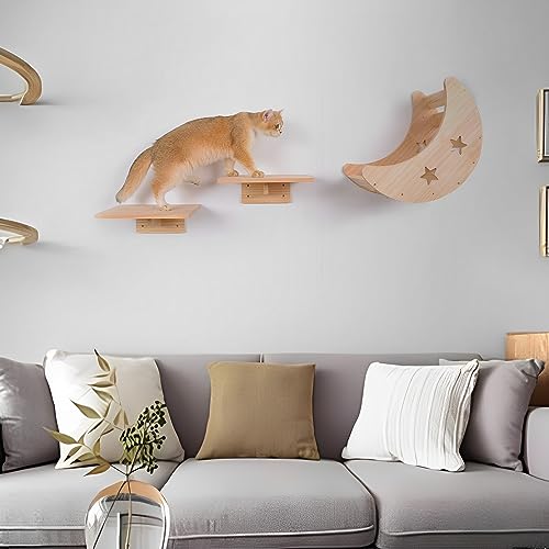 KKHAN 2 Cat Wall Shelves and 1 Moon Nest, Cat Wall Furniture, Cat Shelf for Wall Hammock Climbing Shelves, Perches Solid Wood Cat Steps for Activity Indoor - Medium