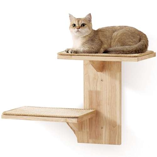 FUKUMARU Cat Wall Shelves, 2 Platform Cat Wall Furniture, Tree Shape Wall-Mounted Cat Floating Shelf with Sisal Mat, Solid Rubber Wood Cat Perch for 16 Inch Drywall, Suitable for Climb, Play, Nap