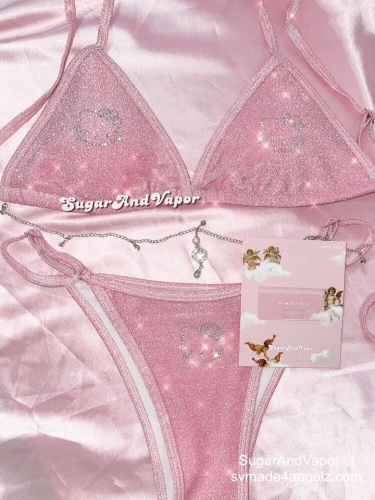Custom Y2K Bling Kawaii Pink Glitters Bikini Set | S / Kawaii Kitten Head / Pink