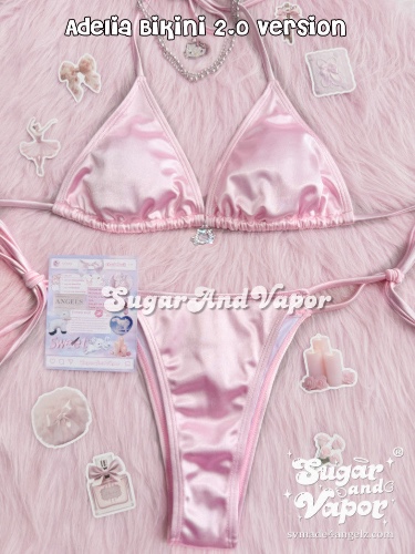 Adelia Pink Silky Bling Kitten Bikini Set 2.0 | S / Pink / With bling kitty head charm at front