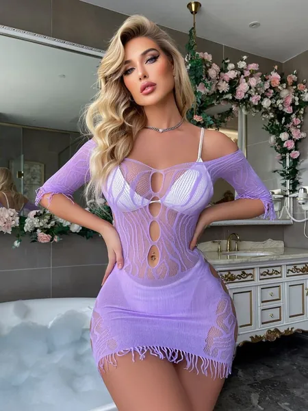 Mesh Cut Out Off Shoulder Fringe Trim Dress Without Liner