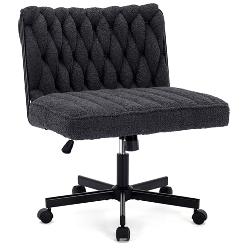 HForesty Criss Cross Legged Office Desk Chair with Wheels, Modern Armless Desk Chair with Wide Seat, Home Office Chair for Work, Meditation, Vanity, Black - Black - With Wheels