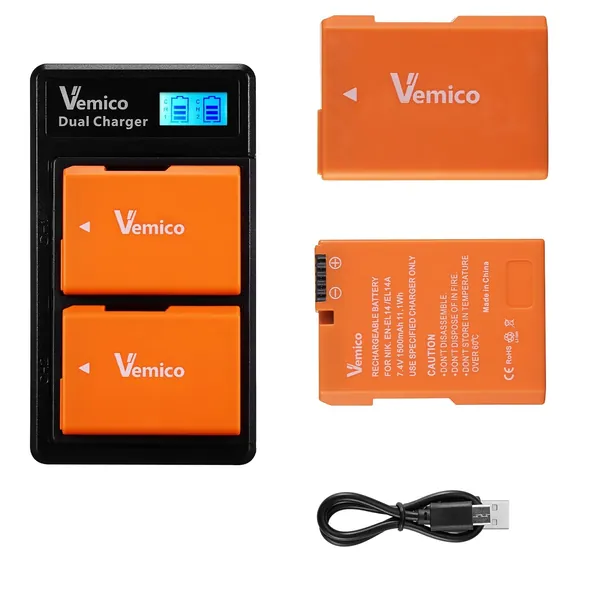 Vemico EN-EL14 EN-EL14A Battery Charger Set 2 x 1500mAh Replacement Batteries Dual Slot LCD Charger Pack for Nikon D5100/D5300/D5500/D3100/D5600/D3200/D3300/D5200/Coolpix P7000/P7100/P7200/P7700/P7800 - 