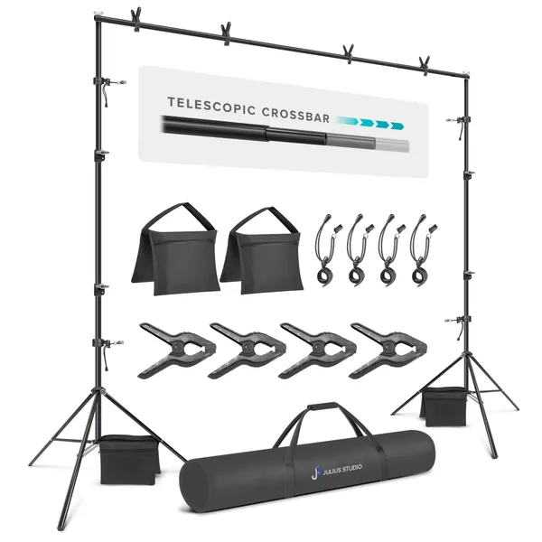 Julius Studio 10.1 ft. Wide Extra Crossbar Length Adjustable Backdrop Stand, 7.5 ft. Tall Extra Height (Max 122 x 92 inch) Photo Background Support System with Clamps, Elastic String Clip, JSAG283 - Single