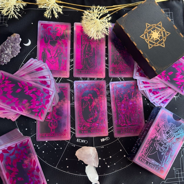 Tarot Cards Deck Purple Neon Foil ,Tarot 78 Cards Anti-Scratch Lamination Witchy Gift Set with Guidebook,Cloth&Bag