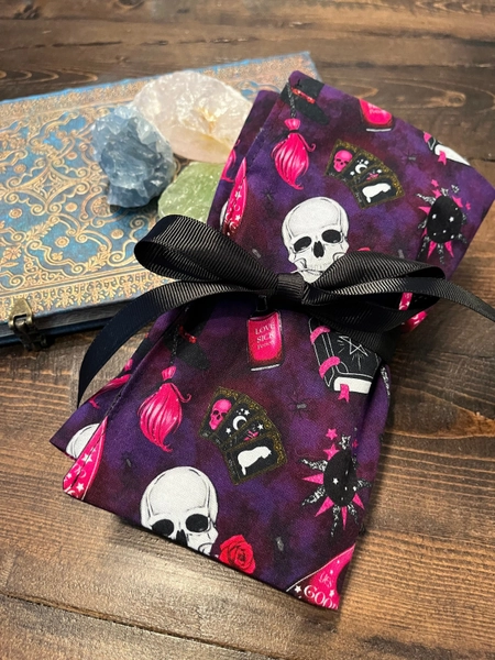 Tarot Wrap Bag Pouch - Purple Black and Hot Pink Skulls, Potions, Mystical, Witchy with ribbon tie, tarot mat