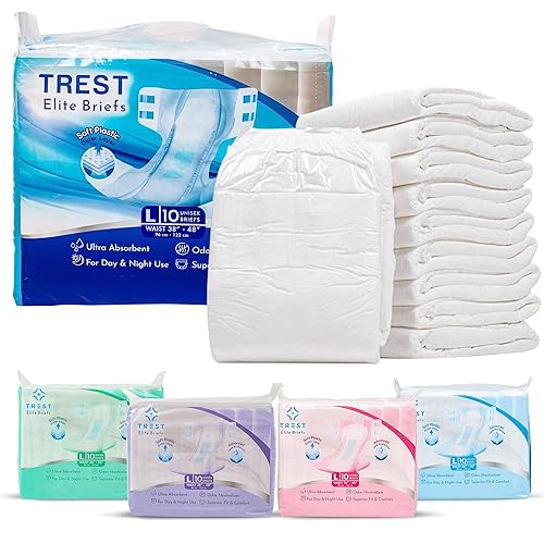 TREST Elite Briefs for Men and Women, Overnight Diapers for Incontinence, Elite Absorbency, Comfortable, Odor Neutralizing and Secure Fit with 2 Wide Tabs - White, Large (Pack of 10) - White - Large (Pack of 10)