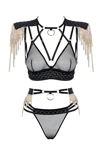Harness Role Play Lingerie Body Set for Womens - Party Harnesses and Garters -Strappy Bra Accessories Golden Power Collection - 34B - Black