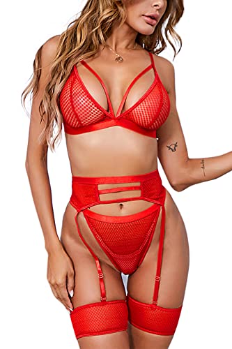 Aranmei Intimo Donne Sexy 4 Pezzi Lingerie Set con Reggicalze e Bretella Strappy Mesh Bra e Mutandine Set Vita Alta Erotico Pizzo Teddy Lingerie - Rosso - XS