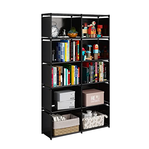 JIUYOTREE 6-Tiers Portable Bookshelf with Fabric Cloth at Back, 10 Cube Closet Storage Organizer Bookcase, Living Room,Study Room,Bedroom, Black - Black - 10 Cubes