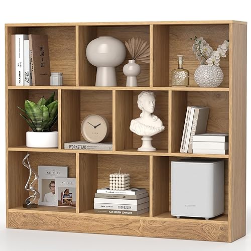 SILKYDRY 10 Cube Storage Organizer, 4 Tier Open Bookcase, Modern Bookshelves and Bookcases, 41" Floor Standing Wooden Display Bookshelf for Living Room Bedroom Office (Natural, 47.5" x 9.5" x 41") - Natural - 47.5" x 9.5" x 41"