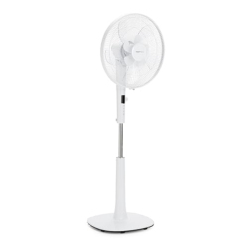 Amazon Basics 16-Inch 12-Speed Pedestal Floor Fan, Standing Fan with Adjustable Height, Oscillating Dual Blades, Remote Control, Ultra Quiet and Energy-Efficient DC Motor, Timer, Tilted Head, White
