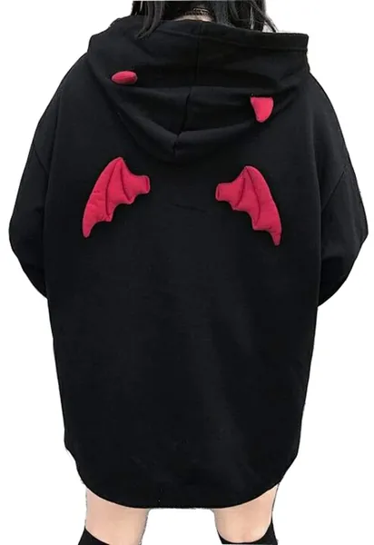 Womens Devil Wing Hoodie Long Sleeve Red Horn Sweatshirt Cute Pullover Tops - Black Medium