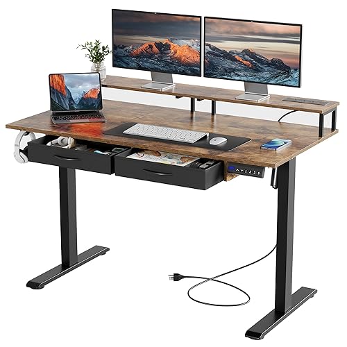 Mr IRONSTONE Electric Standing Desk with Monitor Shelf and Drawers, 47" x 27" Height Adjustable Desk with 3 AC Outlets & 2 USB Ports, Sit Stand Up Desk Home Office Computer Desk (Rustic Brown) - Rustic Brown