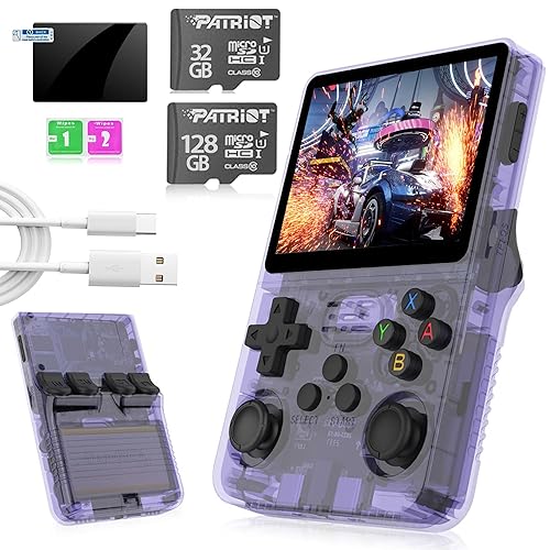SJWOW R36S Handheld Retro Gaming Console Linux System with 32+128G TF Card, Preloaded with 20000+ Classic Games，Retro Video Game Console 3.5-inch IPS Screen Purple Transparent, linux System Retro Game