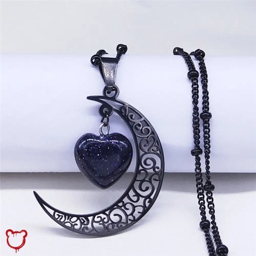 Black Moon Heart Necklace - Black