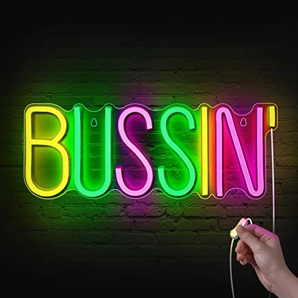 Leburry BUSSIN Neon Sign - LED Neon Sign for Tiktokers/Streamers/Gamers/Youtubers/Influencers - USB Powered with On/Off Switch - Creative Hanging Decor for Bedroom, Room, Wall - BUSSIN Mix