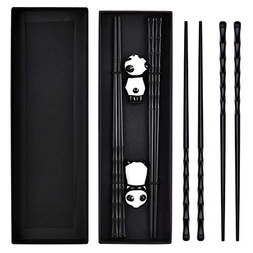 Queta Chopsticks 2 Pairs Glass Fibre Chopsticks Bamboo Shape Black Japanese Chopsticks for Asian Tableware with 2 Pieces Panda Shape Chopsticks