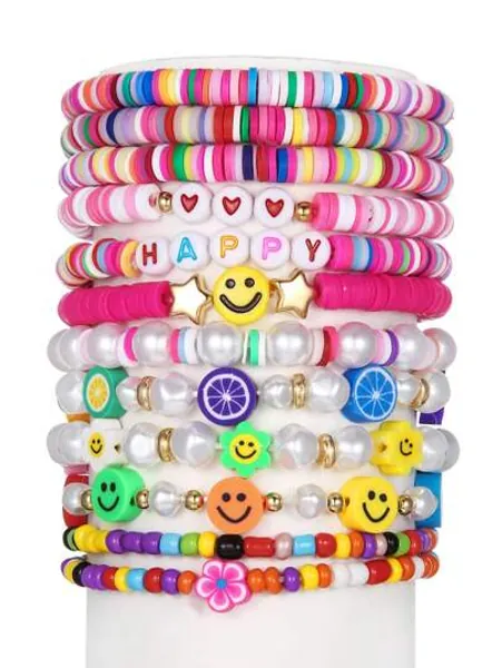 1 Set Of 12pcs Women's Multicolor Elastic Stretch Bracelet With Face, Letter, Heart, Fruit, Flower, Soft Clay, Faux Pearl, Plastic Beads. Suitable For Daily Wear.