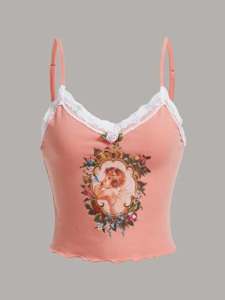 ROMWE PUNK Floral & Figure Graphic Contrast Lace Applique Front Cami Top