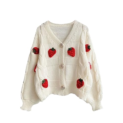 Womens Kawaii Strawberry Knit Cropped Sweater Cute Cardigan Aesthetic for Teen Girls Floral Y2k Korean School Uniform Jacket - Small - Beige