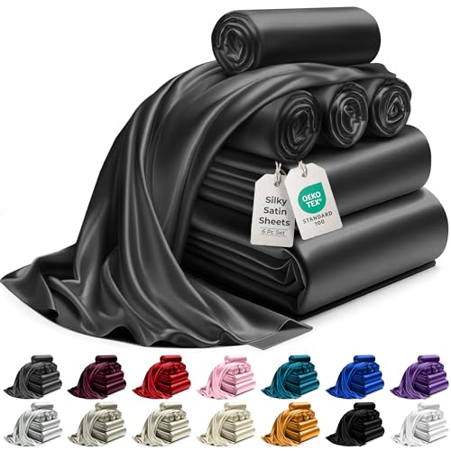 DECOLURE Satin Sheet Queen Set 6pcs - Genuine & Luxurious Silk Feel Sheets Queen w/Deep Pocket - Elegant All-Season Satin Silky Soft Queen Size Satin Bed Sheets - Comfy Satin Sheets Set (Stone Grey) - Stone Gray - Queen