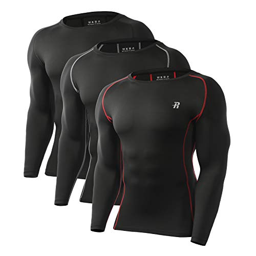 Runhit Long Sleeve Compression Shirts for Men Short Sleeve Quick Dry Athletic Workout T-Shirts Base Layer Tee Shirt - (3 Pack) Black/Black Red/Black Gray - Large