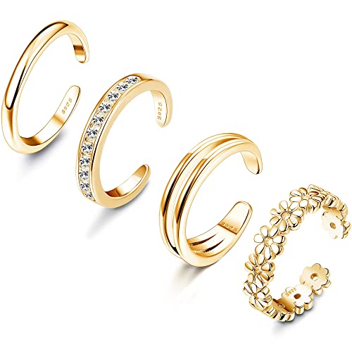 JeryWe 4 Pcs 925 Sterling Silver Toe Rings for Women Open Adjustable Band Rings Jewelry Set - Gold Tone