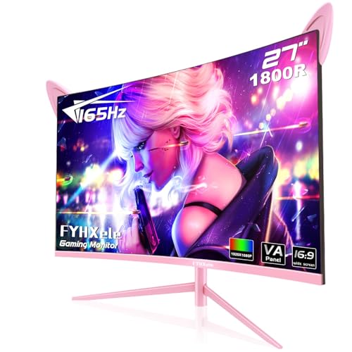 27 inch Gaming Monitor, FYHXele Pink 1800R Curved Monitor, FHD-1920X1080P, 165Hz, 1ms, Fast IPS, FreeSync Hdmi Monitor with Ultrathin, HDMI/DP/USB Vesa/Wall Mount Computer Monitor-Pink - 27"165Hz FHD-pink