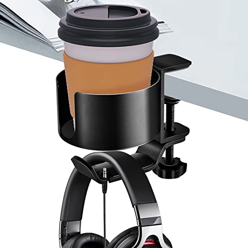 Desk Cup Holder, Meekakee 2 in 1 Desk Cup Holder with Headphone Hanger, Anti-Spill Cup Holder for Desk or Table, Easy to Install, Enough to Hold Coffee Mups (Black) - Black