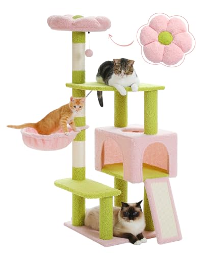 MUTTROS Flower Cat Tree 47.2" Multi-Level Cat Tower with Sisal Covered Scratching Posts, Cute Cat Condo for Indoor Small Medium Cats, Pink Top Perch, Ramp, Fluffy Ball, Pink - 47.2in Flower Cat Tree - Pink