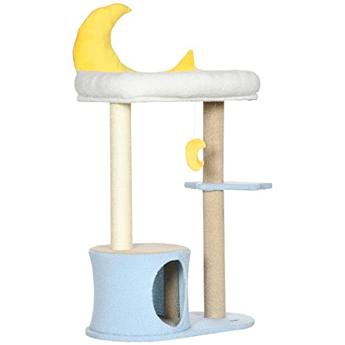 PawHut Moon Cute Cat Tree for Indoor Cats with Kitten Condo and Bed, Cat Tower with Scratching Post, Hanging Moon Shaped Toy, Star Platform, Blue