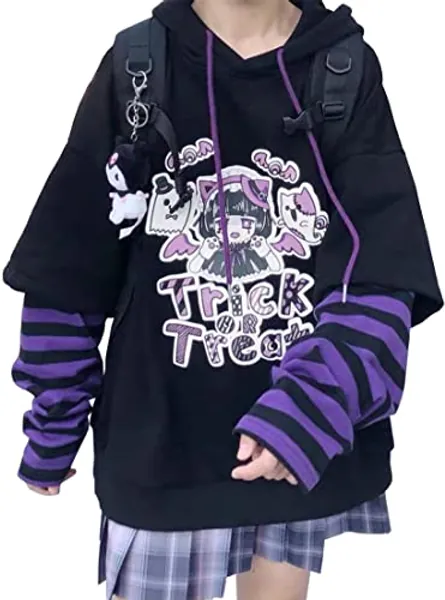 EMILYLE Womens Girls Japanese Style Hoodie Cute Pattern Print Sweatshirt Fashion Kawaii Anime Pullover
