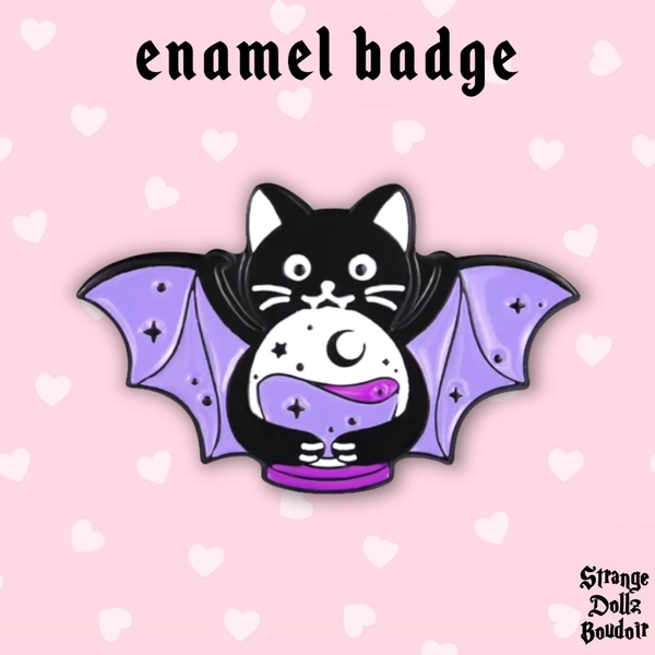 Witchy Bat Cat enamel pin badge, pastel goth, Halloween, Strange Dollz Boudoir