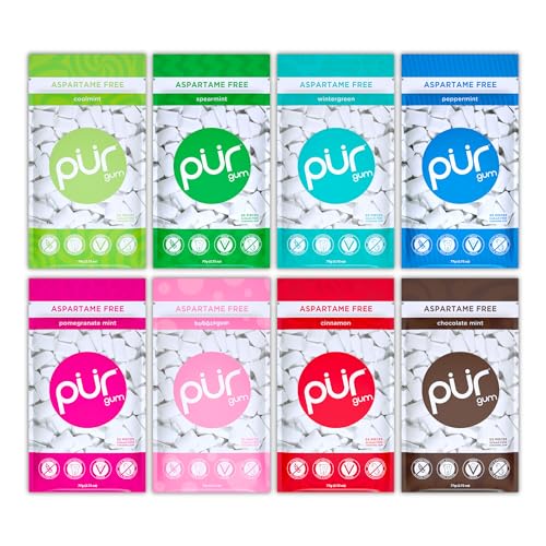 PUR Gum | Aspartame Free Chewing Gum | 100% Xylitol | Natural Flavored Gum, Variety Pack, 55 Pieces (Pack of 8) - Variety - 55 Count (Pack of 8)
