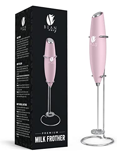 Bean Envy Milk Frother Handheld for Coffee - Electric Hand Blender, Mini Drink Mixer Whisk & Coffee Foamer Wand with Stand for Lattes, Cappuccino, Matcha and Hot Chocolate - Kitchen Gifts - Pink - Pink