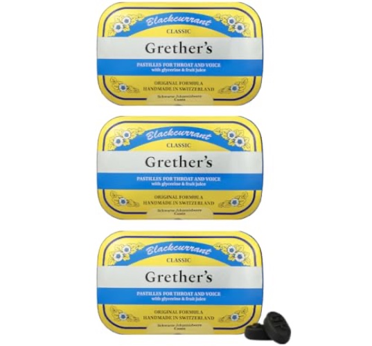 GRETHER'S Pastilles Classic Blackcurrant Natural Remedy Dry Mouth Relief - Soothing Throat & Healthy Voice - Long-Lasting Flavor, Gift for Singers - 3-Pack - 2.1 oz. - 2.1 Ounce (Pack of 3) - Blackcurrant