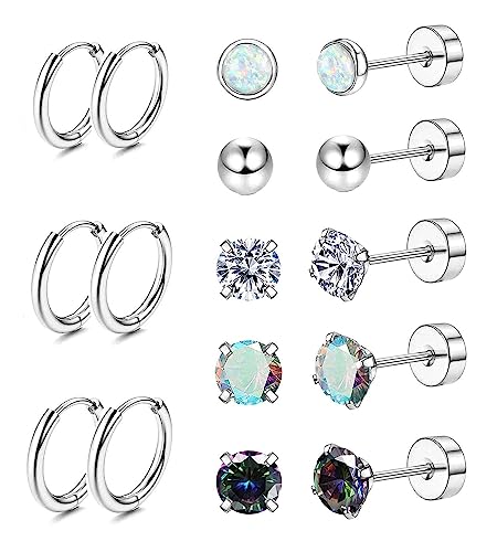 Jstyle Surgical Steel Earrings for Sensitive Ears Hypoallergenic 20G Stainless Steel Stud Hoop Earrings for Women Men Small Opal Ball CZ Surgical Steel Flat Back Earrings Cartilage Earrings Hoop Stud