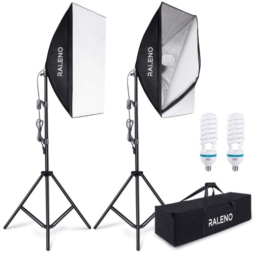Softbox Kit Éclairage Photo Vidéo, RALENO 50 x 70 cm kit Studio Photo avec Lampe E27 5500K de 2 x 85W et Sac Protable pour Portrait, Éclairage Photographique